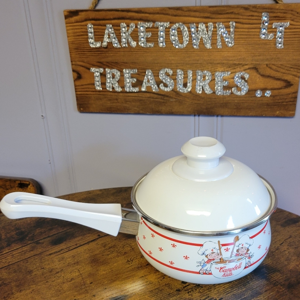 Rare Vintage Campbells Kids Enamelware Saucepan w/Lid-red/white